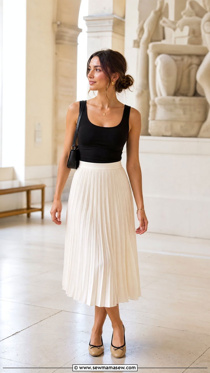 Scoop Neck Tank Top With Pleated Skirt - 20 scoop neck tank top outfit ideas
