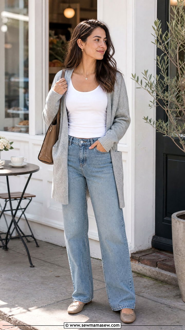 Scoop Neck Top With Cardigan And Jeans - 20 scoop neck top outfit ideas