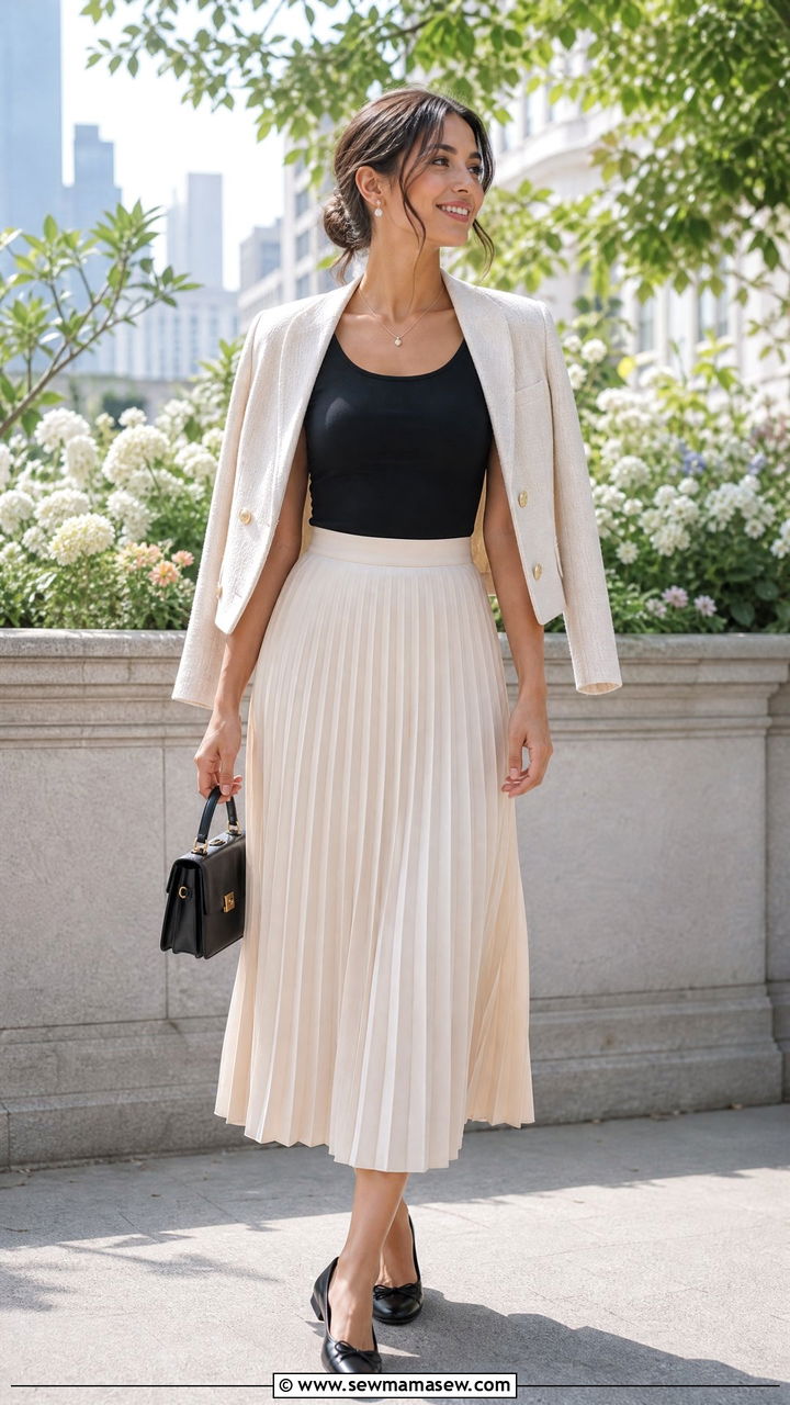 Scoop Neck Top With Pleated Skirt - 20 scoop neck top outfit ideas
