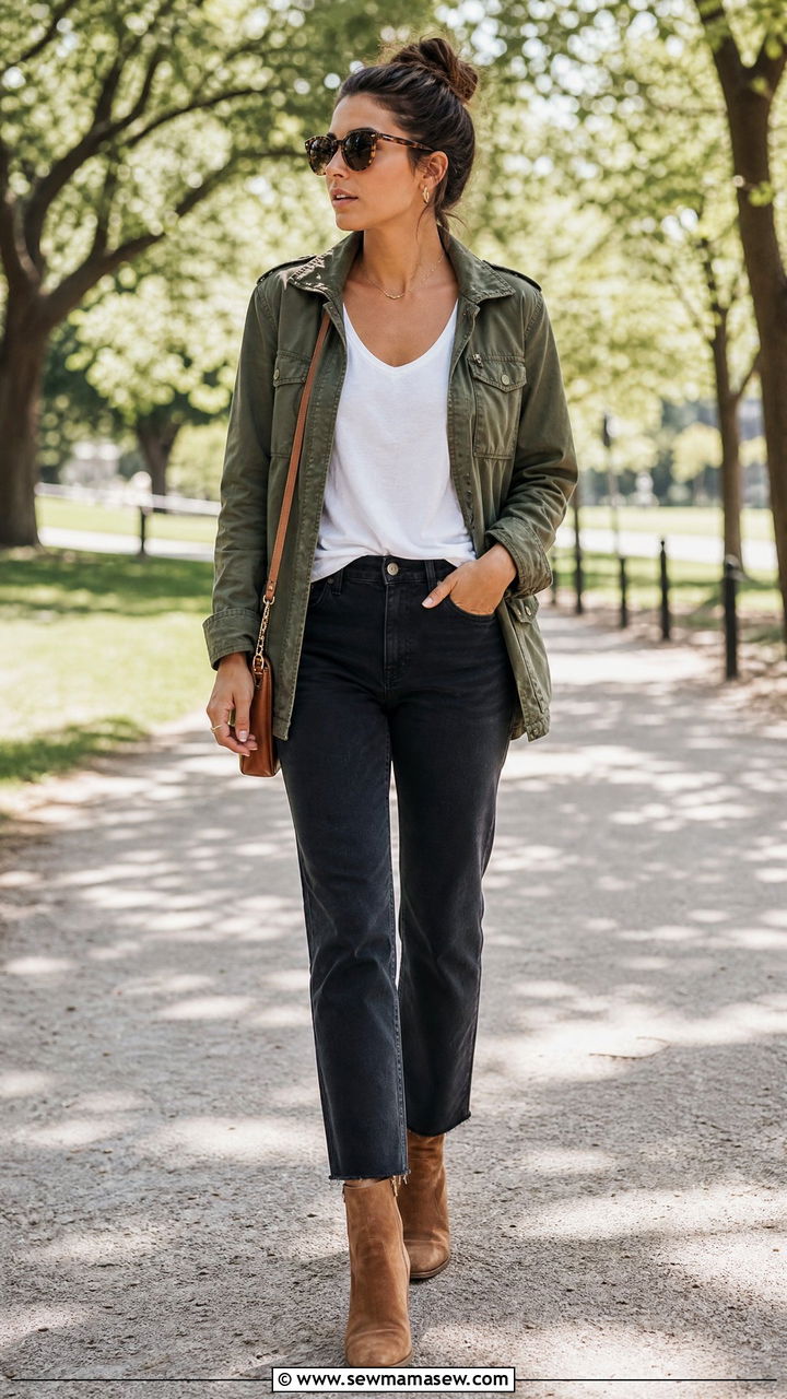 Scoop Neck Top With Utility Jacket And Black Jeans - 20 scoop neck top outfit ideas