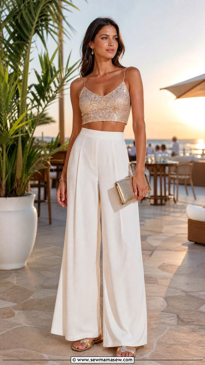 Sequin Crop Top With White Wide Leg Pants - 20 summer crop top outfit ideas for the beach club