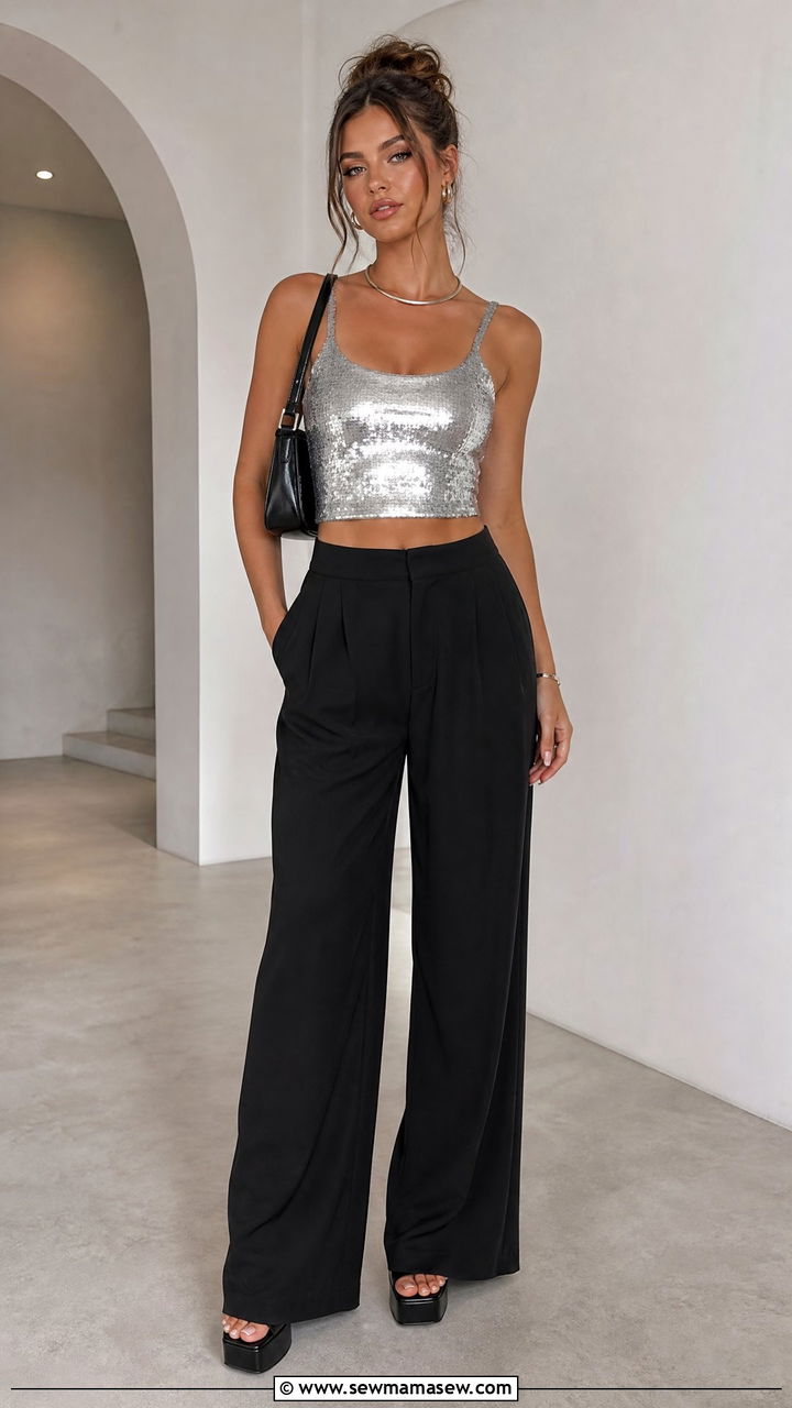 Sequin Top With Black Trousers Outfit - 20 y2k top outfit ideas