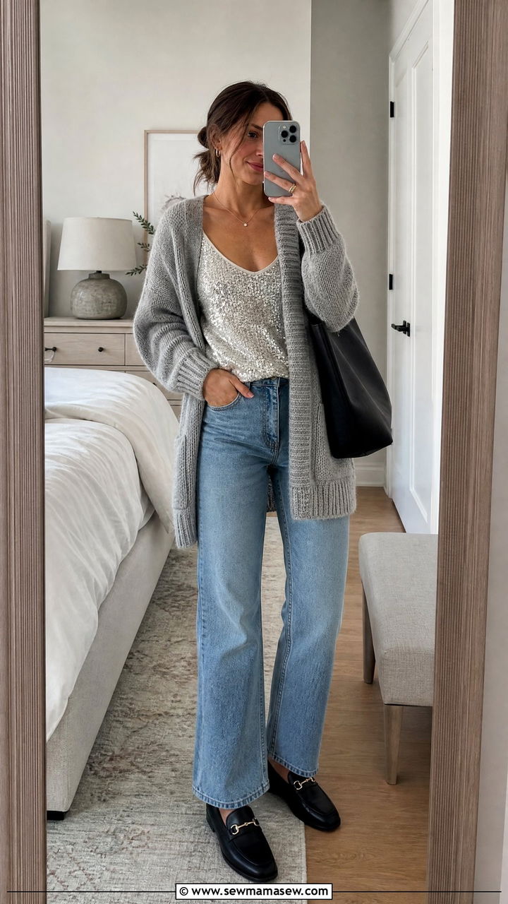 Sequin Top With Cardigan And Jeans - 20 sequin top outfit ideas