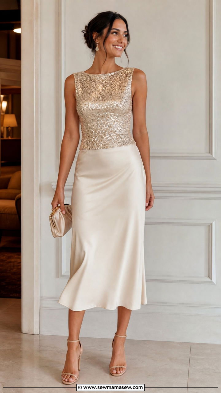 Sequin Top With Satin Midi Skirt - 20 sequin top outfit ideas