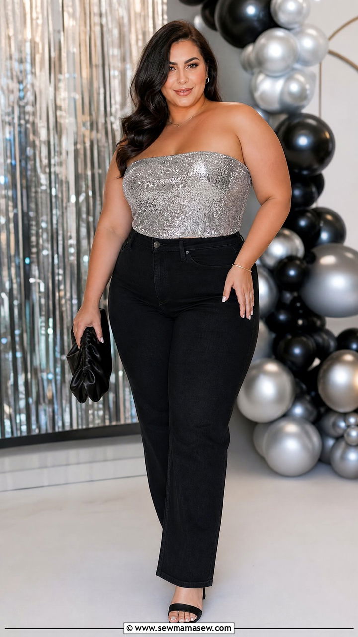 Sequin Tube Top Outfit With Black Jeans - 20 plus size going out tube top outfit ideas