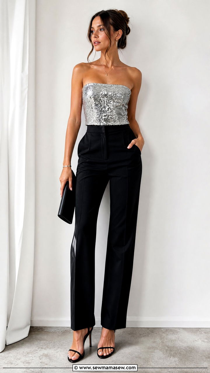 Sequin Tube Top With Tailored Trousers - 20 going out tube top outfit ideas