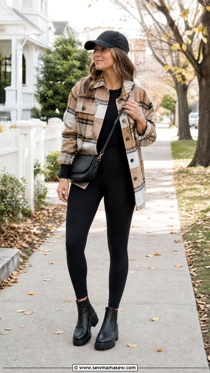 Shacket Top With Black Leggings - 20 fall top outfit ideas