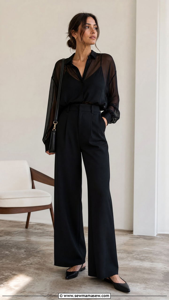 Sheer Blouse Outfit With High Waisted Pants - 20 blouse outfit ideas