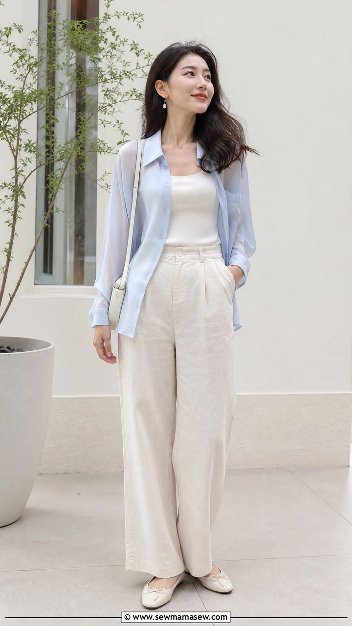 Sheer Blouse Over Fitted Tank Outfit - 20 layered top outfit ideas