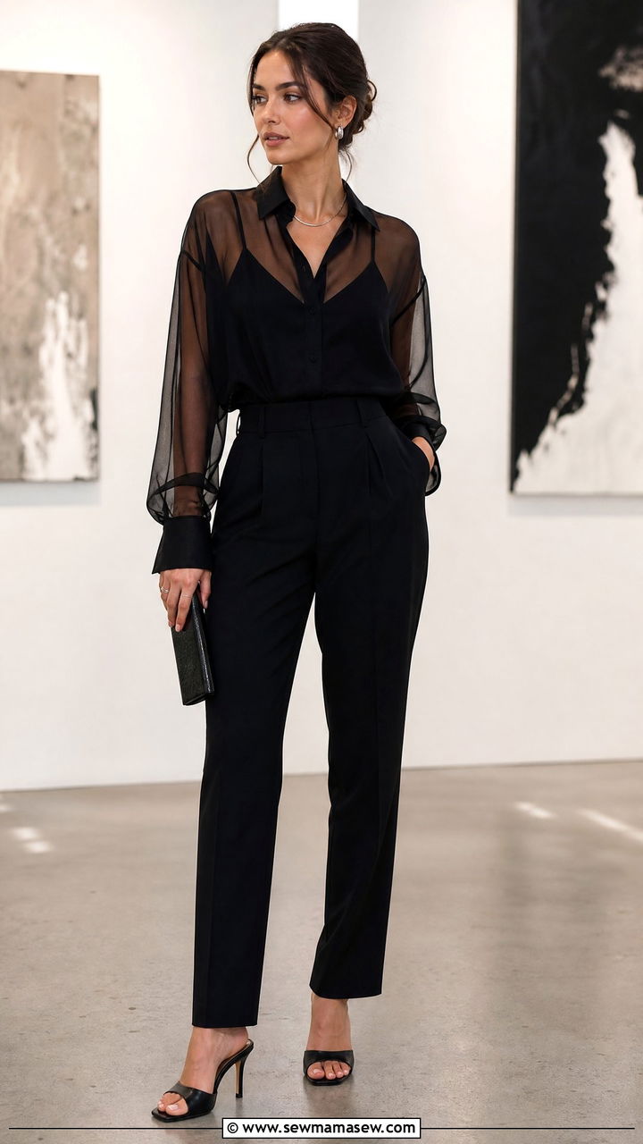 Sheer Blouse With Camisole And Trousers Outfit - 20 dressy top outfit ideas