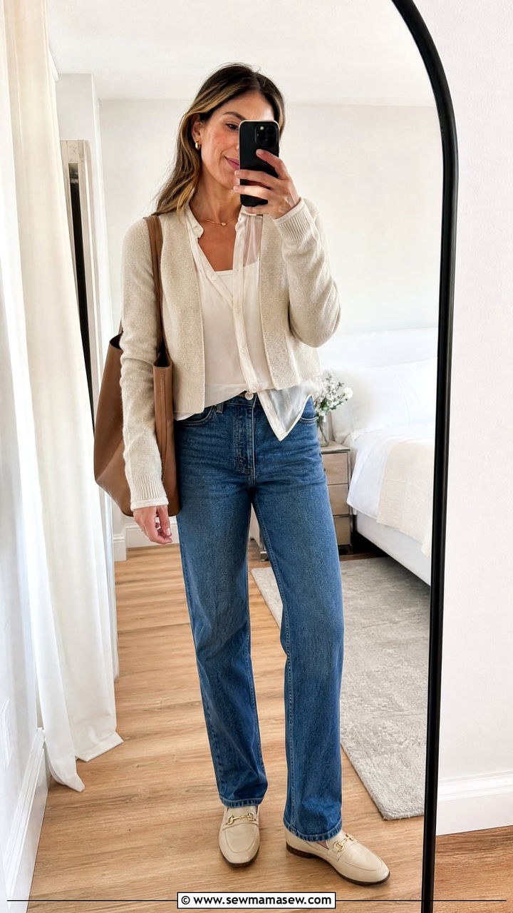 Sheer Blouse With Cardigan And Jeans - 20 sheer blouse outfit ideas