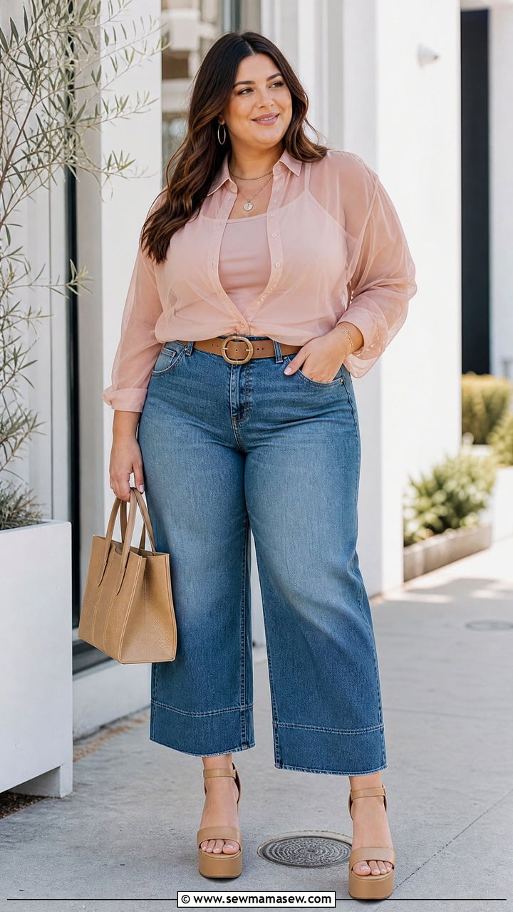 Sheer Blouse With Cropped Wide Leg Jeans - 20 plus size sheer blouse outfit ideas