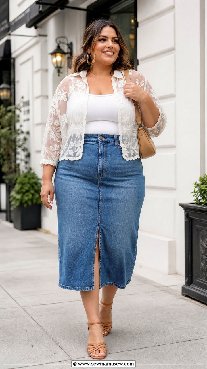 Sheer Blouse With Denim Skirt - 20 plus size sheer blouse outfit ideas