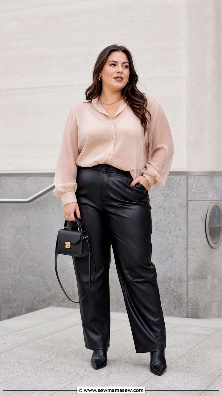 Sheer Blouse With Faux Leather Pants - 20 plus size sheer blouse outfit ideas