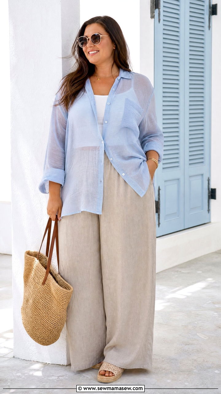 Sheer Blouse With Linen Pants - 20 plus size sheer blouse outfit ideas