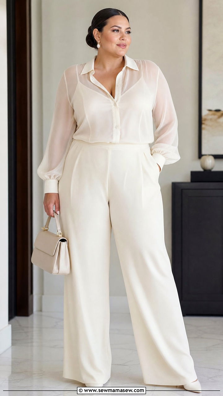 Sheer Blouse With Monochrome Outfit - 20 plus size sheer blouse outfit ideas