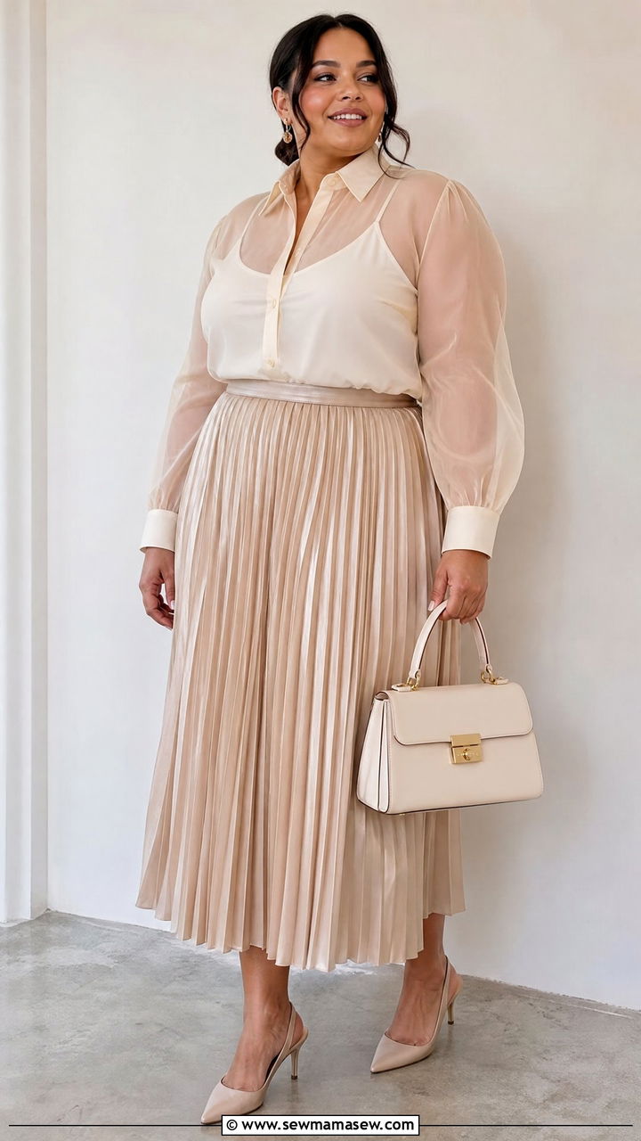 Sheer Blouse With Pleated Midi Skirt - 20 plus size sheer blouse outfit ideas