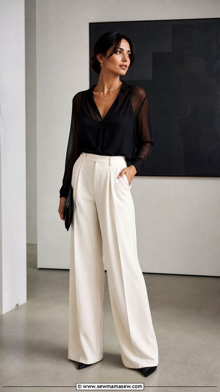 Sheer Blouse With Wide Leg Pants - 20 chic top outfit ideas