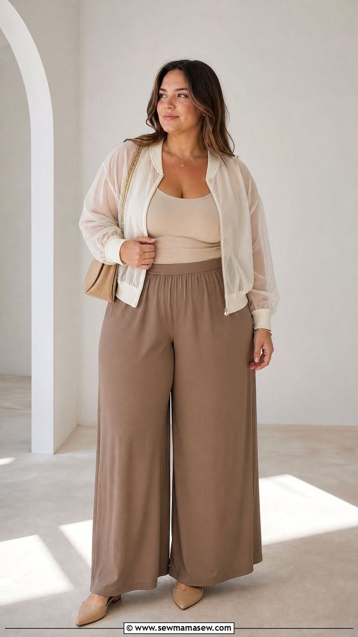 Sheer Bomber Jacket With Wide Leg Pants - 20 plus size bomber jacket outfit ideas