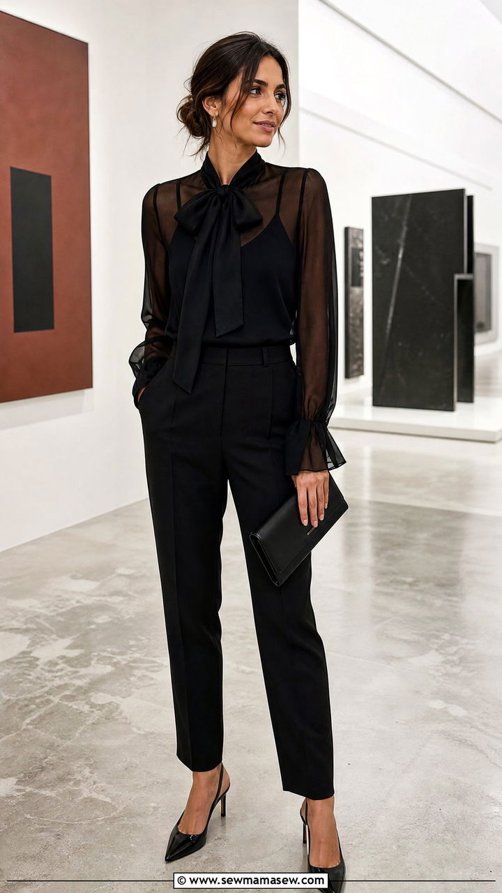 Sheer Bow Blouse With Camisole And Trousers - 20 bow blouse outfit ideas