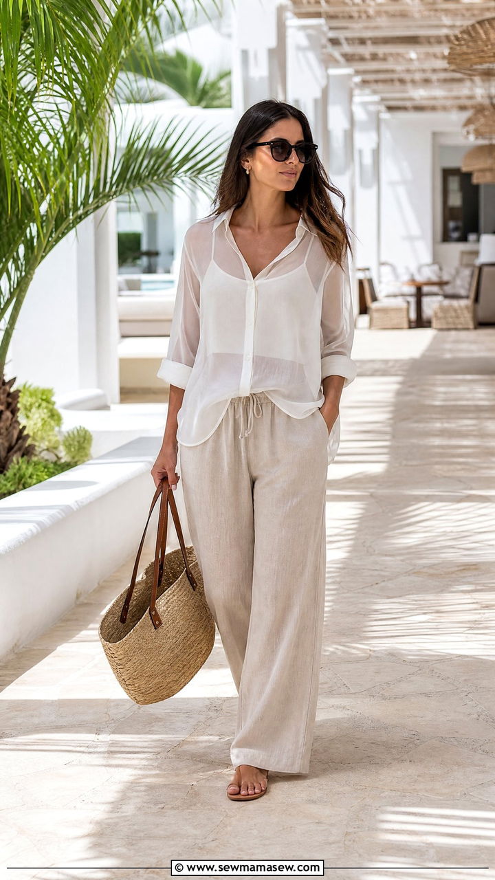 Sheer Chiffon Blouse With Camisole And Linen Pants - 20 chiffon blouse outfit ideas