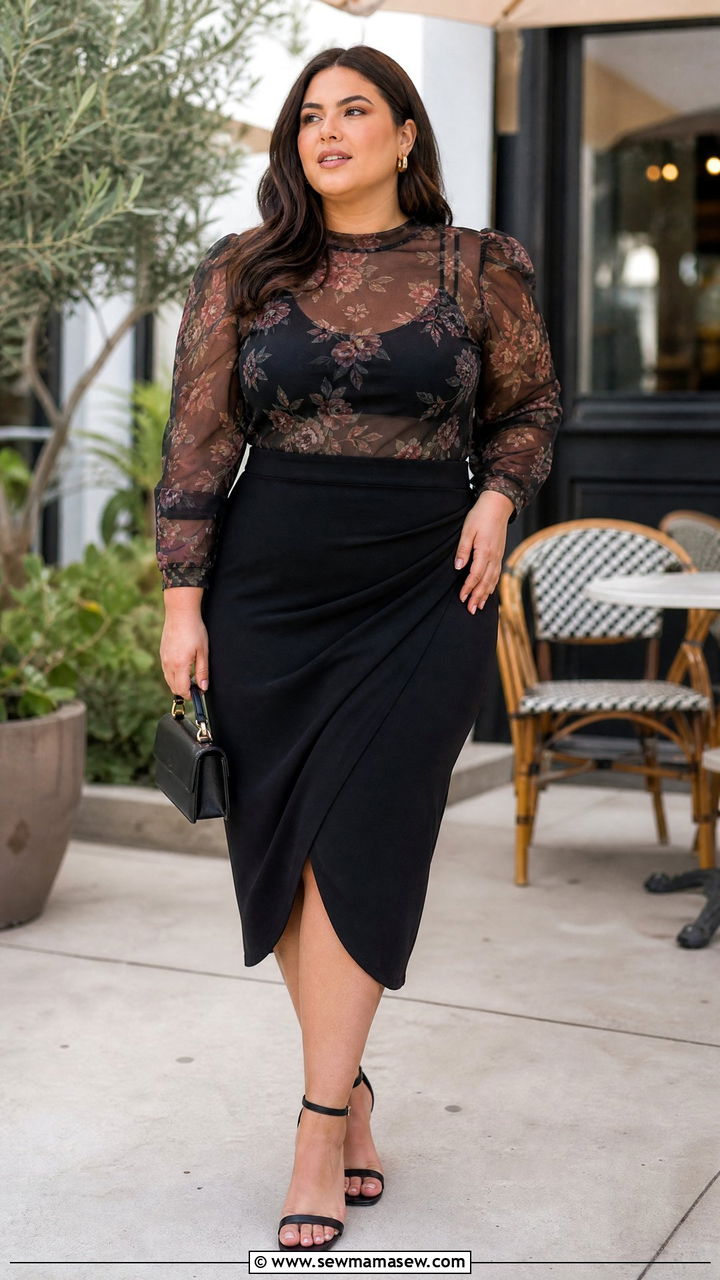 Sheer Floral Top With Black Midi Skirt - 20 plus size sheer top outfit ideas