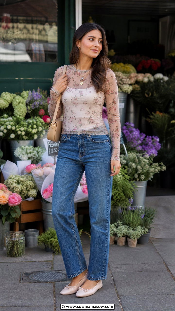 Sheer Floral Top With Straight Leg Jeans - 20 sheer top outfit ideas