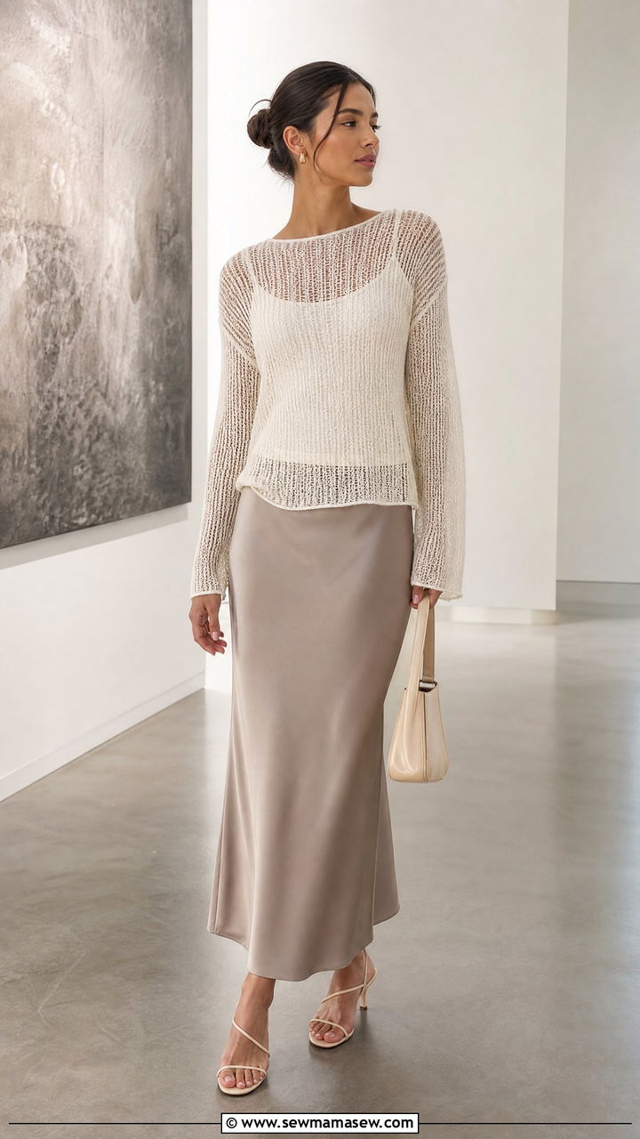 Sheer Knit Top With Slip Skirt - 20 knit top outfit ideas