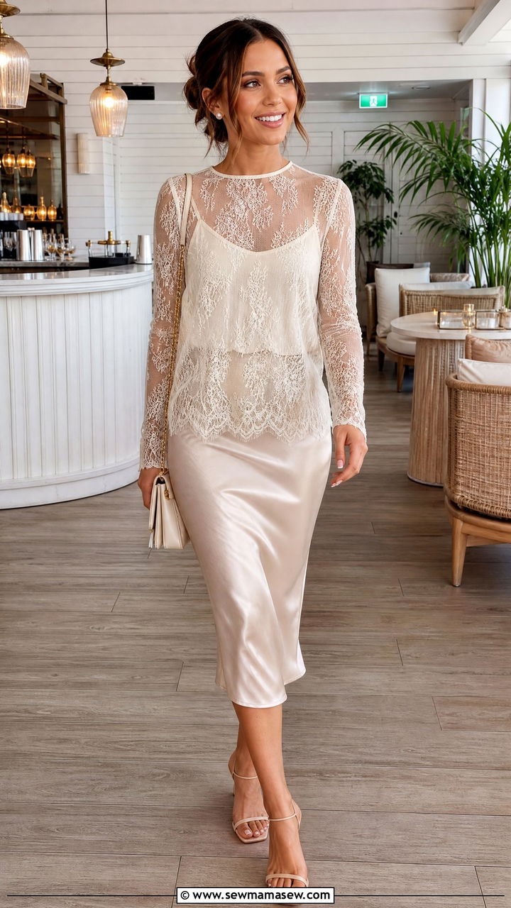 Sheer Lace Top With Satin Midi Skirt - 20 sheer top outfit ideas