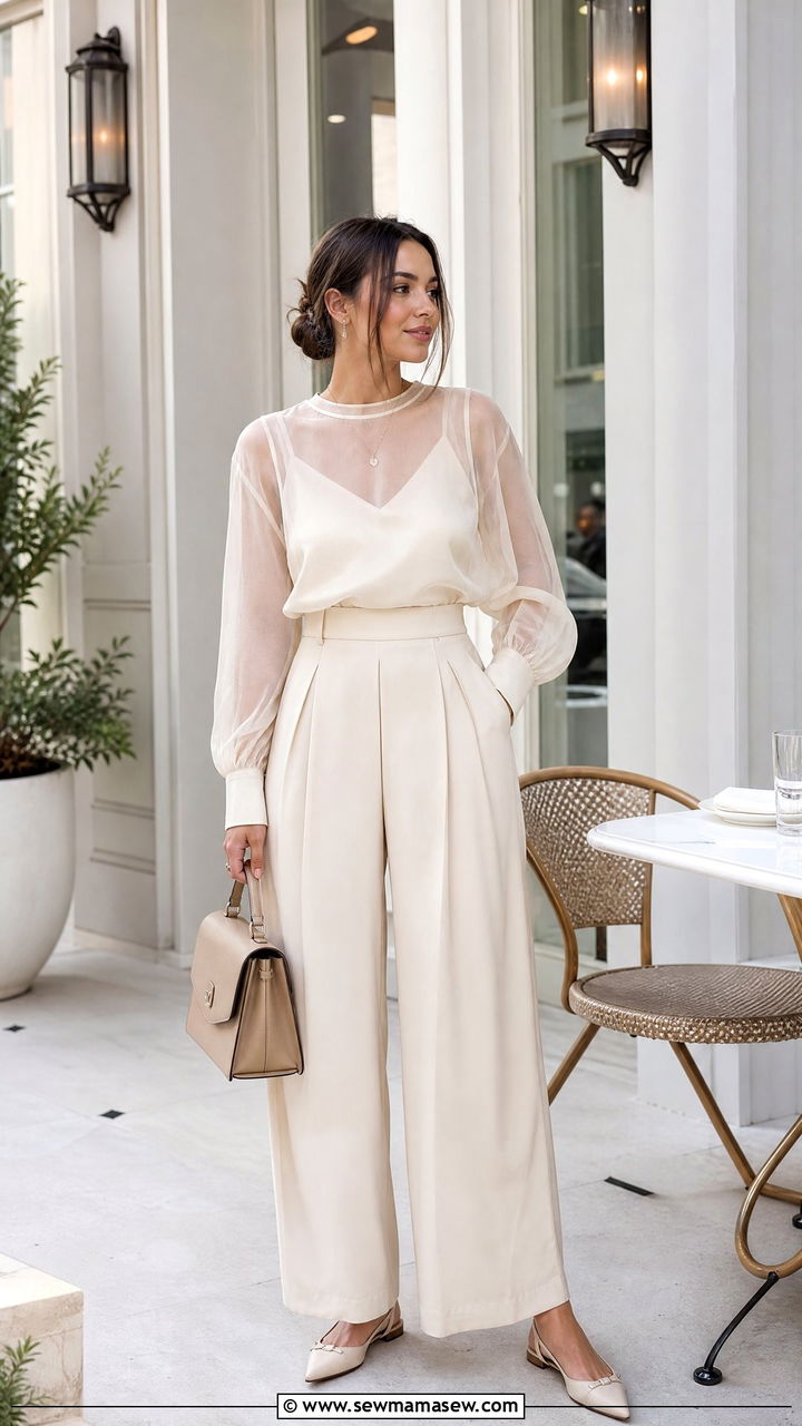 Sheer Layer Top With Wide Leg Trousers - 20 brunch top outfit ideas