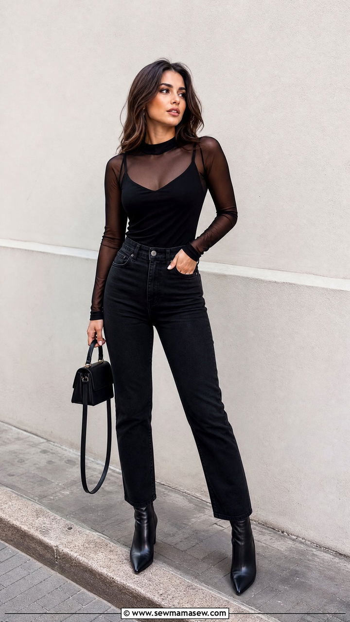 Sheer Mesh Top And Black Jeans Outfit - 20 going out top outfit ideas