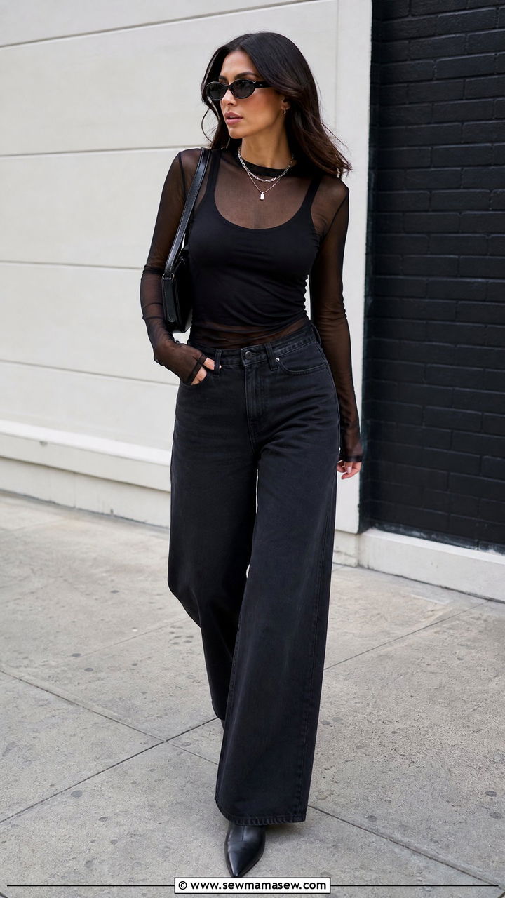 Sheer Mesh Top Outfit With Monochrome Layers - 20 mesh top outfit ideas