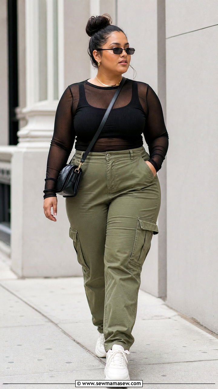 Sheer Mesh Top With Cargo Pants - 20 plus size sheer top outfit ideas