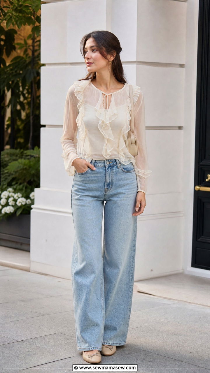 Sheer Ruffle Top With Camisole And Jeans - 20 ruffle top outfit ideas
