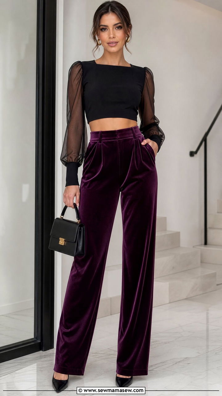 Sheer Sleeve Crop Top With Velvet Pants - 20 crop top with velvet pants outfit ideas