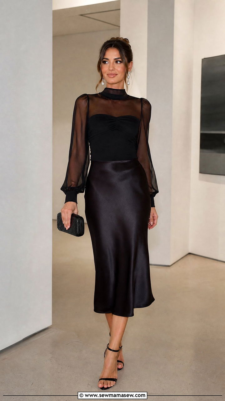 Sheer Sleeve Top Date Night Outfit With Midi Skirt - 20 date night top outfit ideas