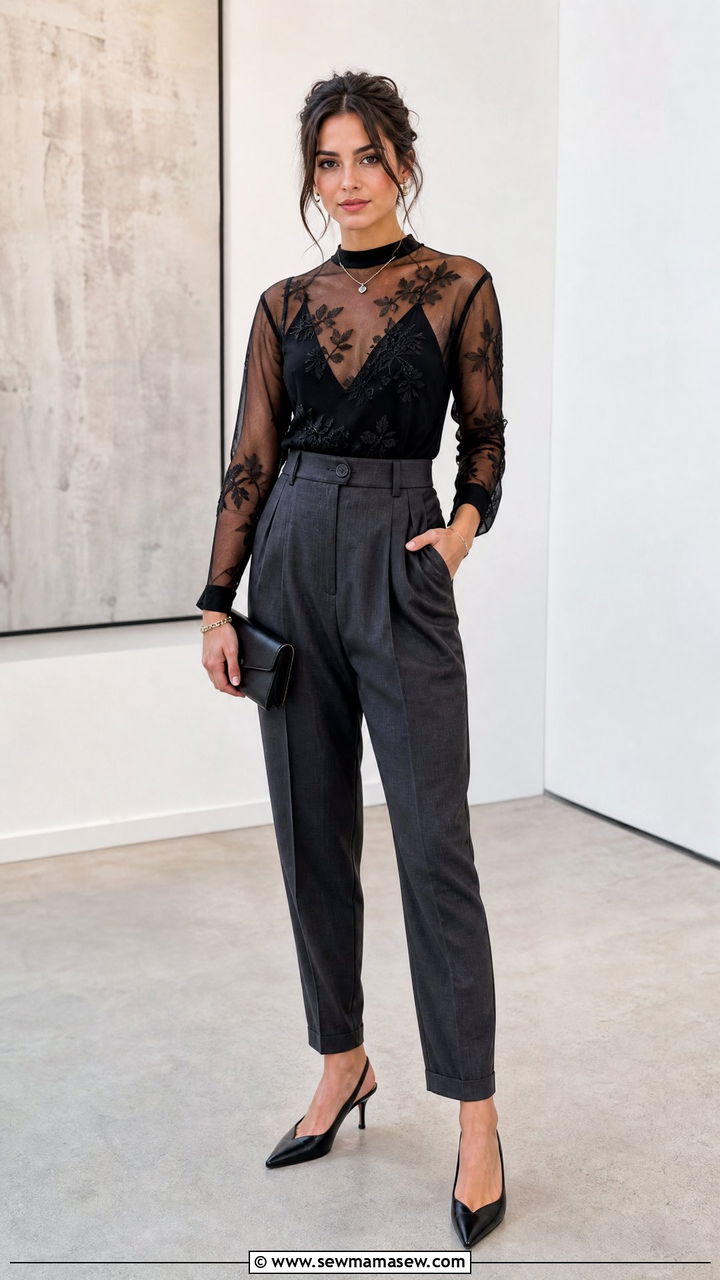 Sheer Statement Top With High Waist Pants Outfit - 20 statement top outfit ideas