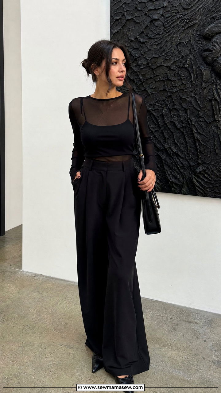 Sheer Top And Wide Leg Trousers Outfit - 20 off duty top outfit ideas
