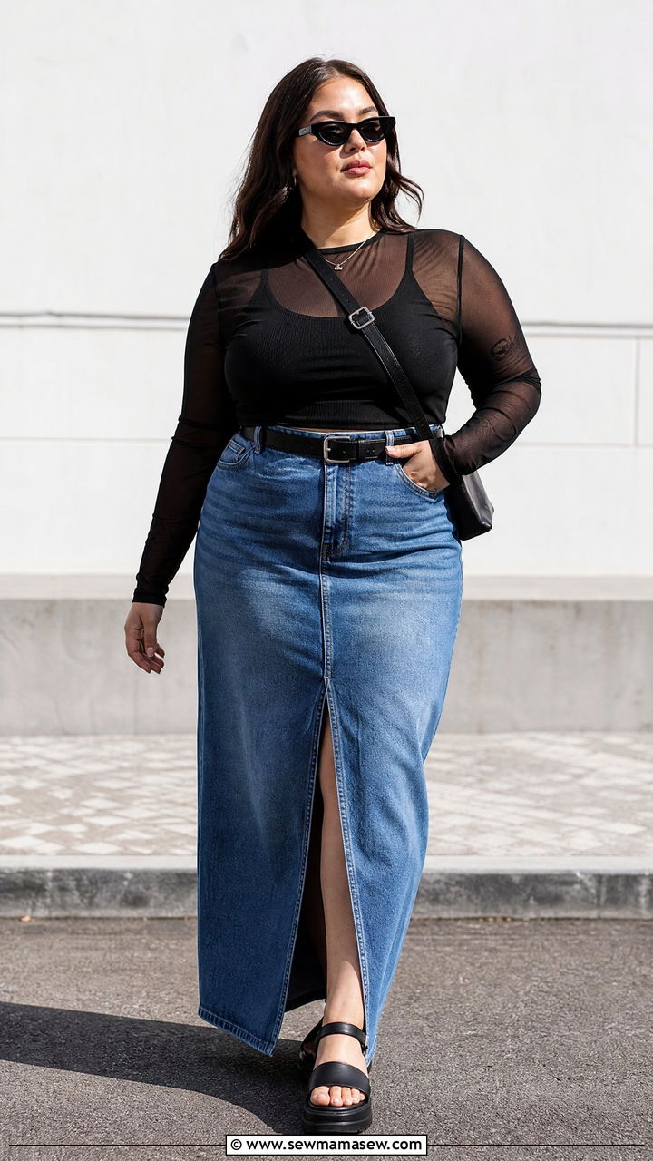 Sheer Top With Denim Maxi Skirt - 20 plus size sheer top outfit ideas