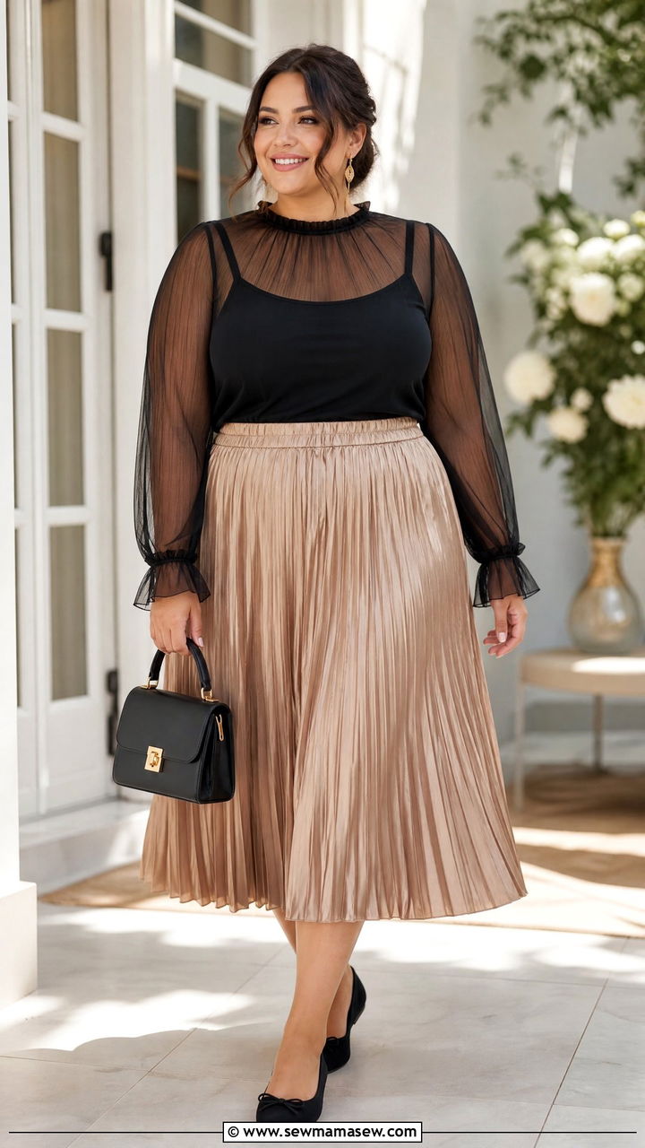 Sheer Top With Pleated Midi Skirt - 20 plus size sheer top outfit ideas