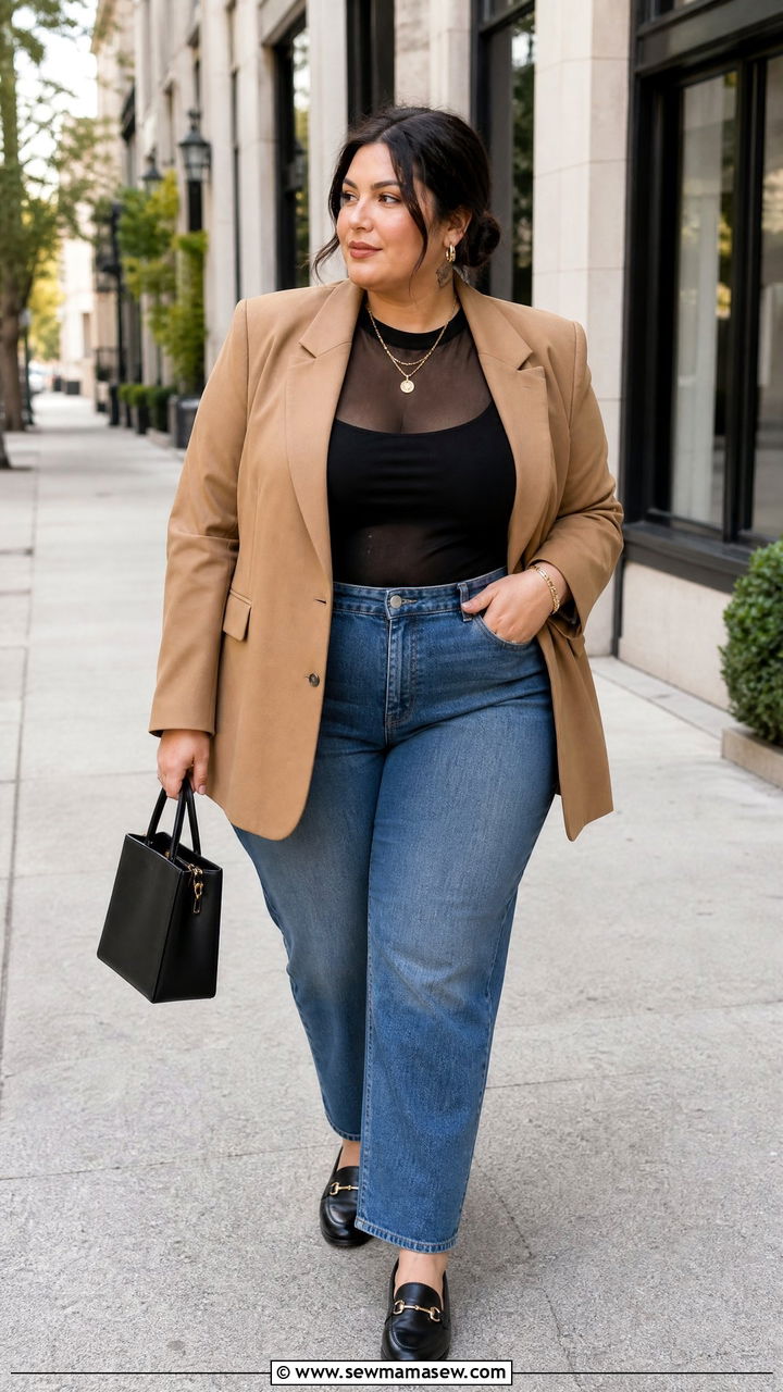 Sheer Top With Plus Size Blazer And Jeans - 20 plus size sheer top outfit ideas