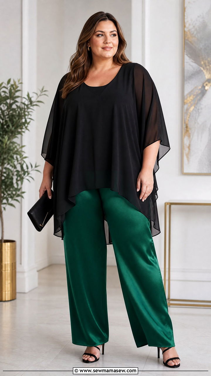 Sheer Top With Satin Wide Leg Pants - 20 plus size sheer top outfit ideas