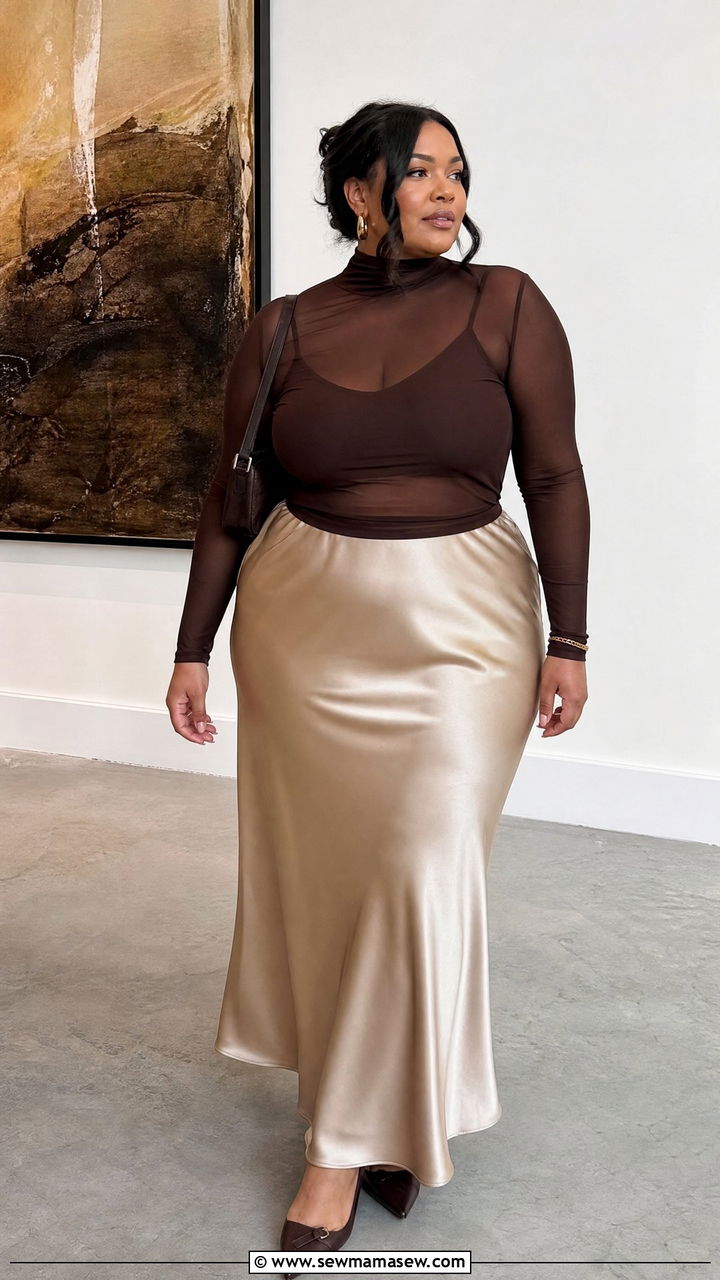 Sheer Turtleneck Top With Slip Skirt - 20 plus size sheer top outfit ideas