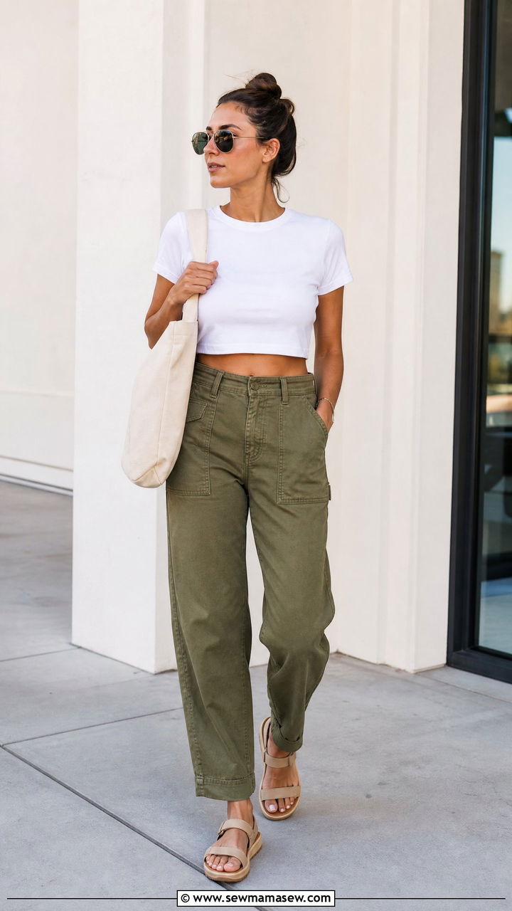 Short Sleeve Crop Top With Utility Pants - 20 summer crop top outfit ideas for women over 40