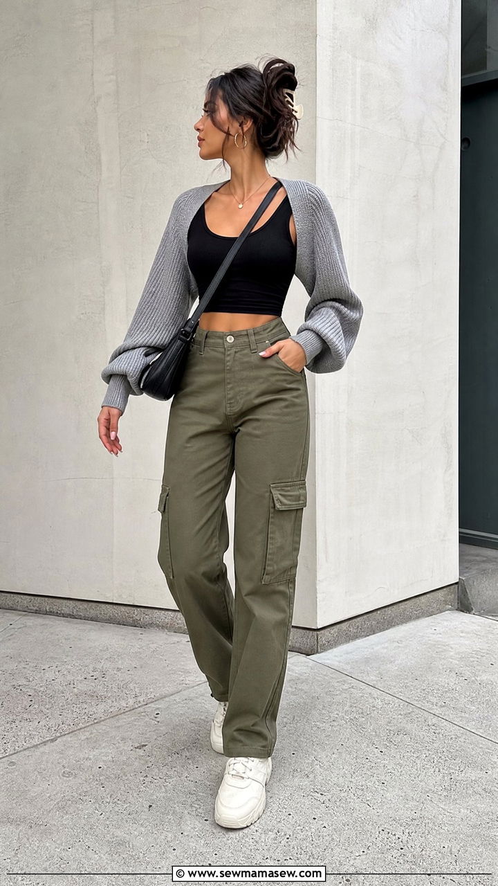Shrug Top With Cargo Pants And Crop Top - 20 shrug top outfit ideas
