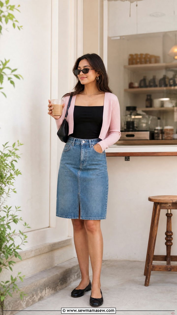 Shrug Top With Denim Skirt And Flats - 20 shrug top outfit ideas