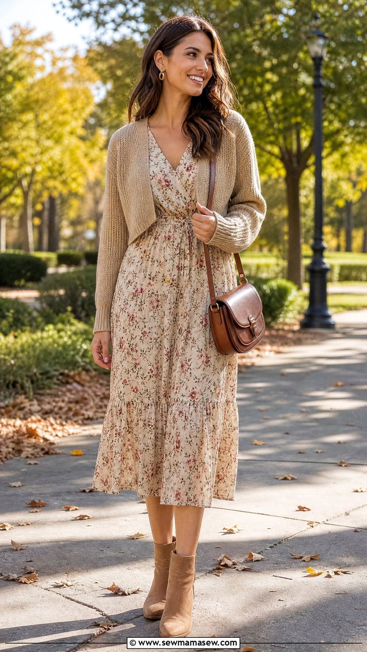 Shrug Top With Floral Dress And Ankle Boots - 20 shrug top outfit ideas
