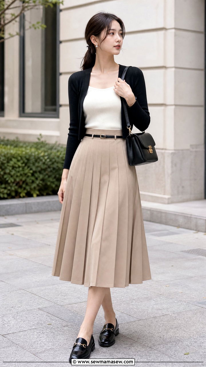 Shrug Top With Pleated Skirt And Loafers - 20 shrug top outfit ideas
