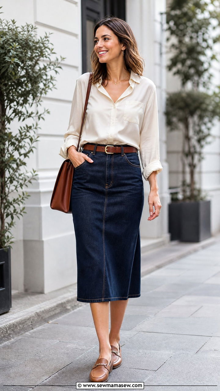 Silk Blouse With Denim Skirt - 20 silk blouse outfit ideas