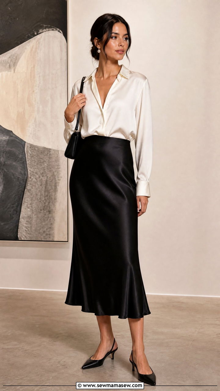 Silk Blouse With Satin Slip Skirt - 20 silk top outfit ideas